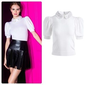 NWT Alice + Olivia Ciara Embellished Collared Puff Sleeve Sweater Pullover M